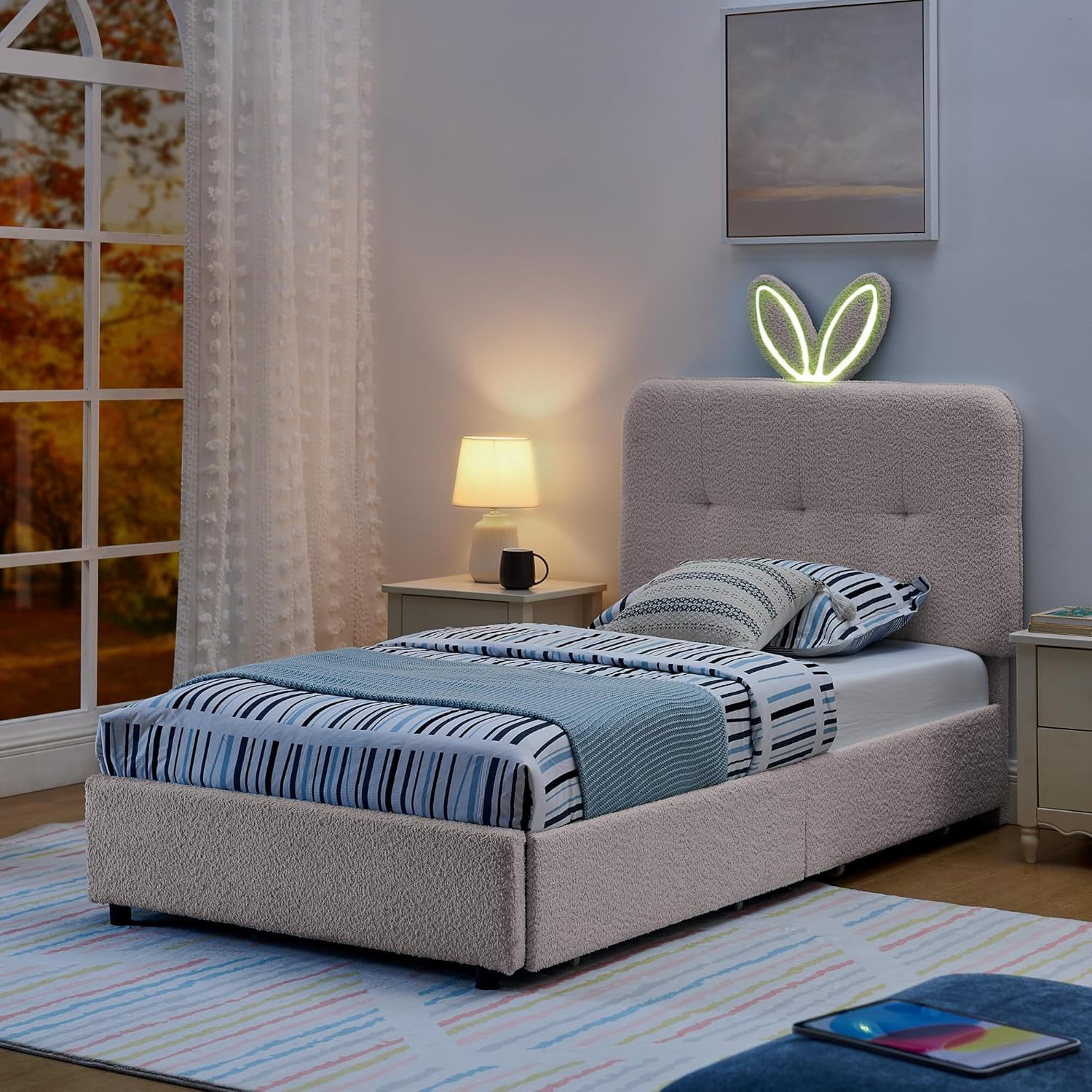 Twin Size Platform Bed Frame, Upholstered Bed Frame with Rabbit Ear Headboard, Boucle Montessori Beds with LED Lights & Bluetooth Music, for Bedroom, Apartment, Easy Assembly, Pink