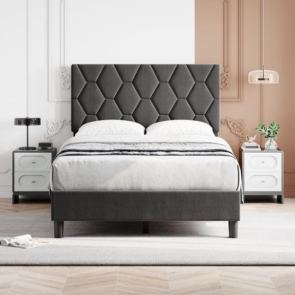 Twin Size Platform Bed Frame with Upholstered Headboard, Linen Fabric Upholstered Bed Frame with Adjustable Headboard, Wood Slat Support and Strong Metal Bed Frame, Noise Free, Grey (Twin)