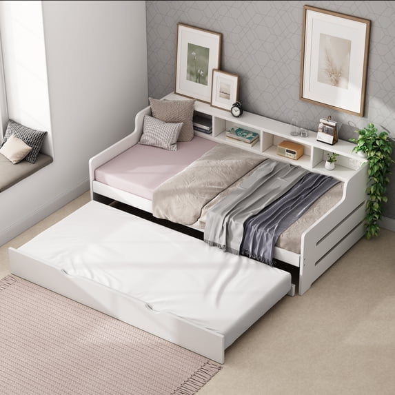 Twin Size Platform Bed Frame With Trundle, 4 Shelves, Support Slats Twin Platform Bed, No Box Spring Needed Daybed Frame For Bedroom, Living Room, Study Room