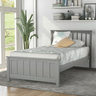 Twin Size Platform Bed Frame, Wood Platform Bed with Headboard and Footboard Modern Bed Frame with 10 Wood Slats Support and Under Bed Storage for Kids Adult, No Box Spring Needed, Gray