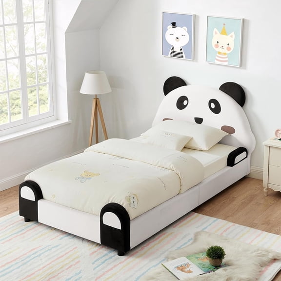 Twin Size Platform Bed Frame with Cartoon Panda Velvet Upholstered Headboard, Low Profile Sofa Bed , Beige