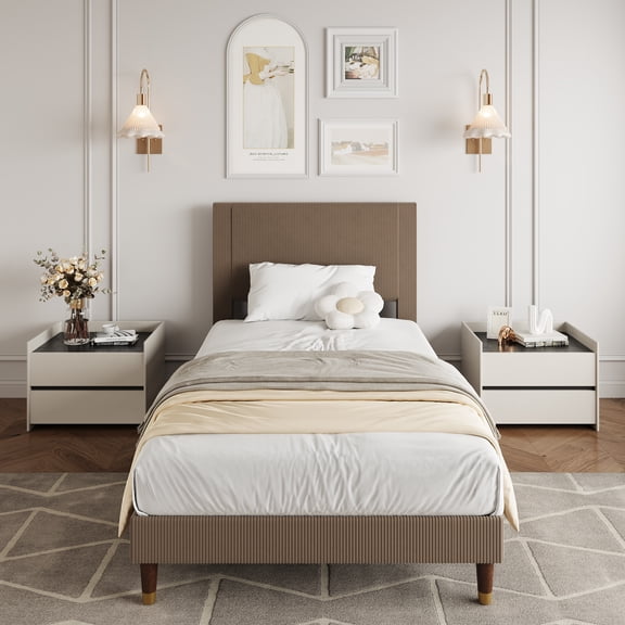 Twin Size Platform Bed Frame with Corduroy Upholstered Headboard and Wooden Slats Support, No Box Spring Needed, Easy Assembly