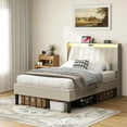 thumbnail image 1 of Twin Size Platform Bed Frame with Fabric Upholstered Headboard and Wooden Slats Support, 1 of 8