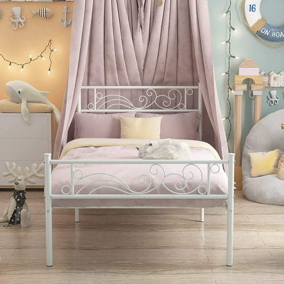 Twin Size Platform Bed Frame with Flower Design,Strong Metal Slats Support,Easy Assembly no Box Spring Needed White