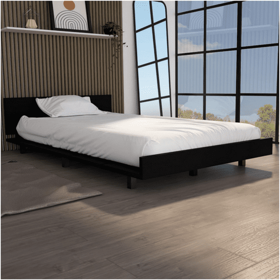 Twin Size Platform Bed Frame with Headboard, Sturdy Wood Base, Easy No-Tool Assembly, Black Modern Design