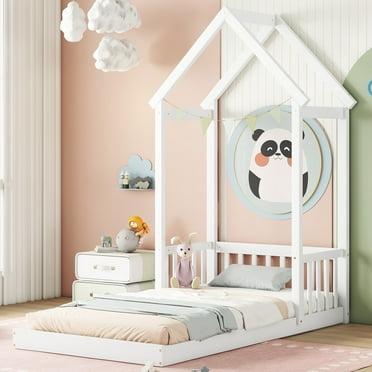 Twin Size Platform Bed Frame with House-Shaped Headboard & Safety Guardrails, No Box Spring Needed - Solid Pine Wood Floor Bed for Kids Room, White