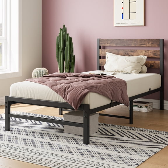 Twin Size Platform Bed Frame with Rustic Vintage Wood Headboard, No Box Spring Needed, Sturdy and Durable Design for Modern Bedrooms