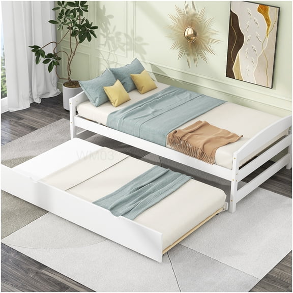 Twin Size Platform Bed Frame with Trundle, Low Profile, White Finish, Underbed Storage Solution