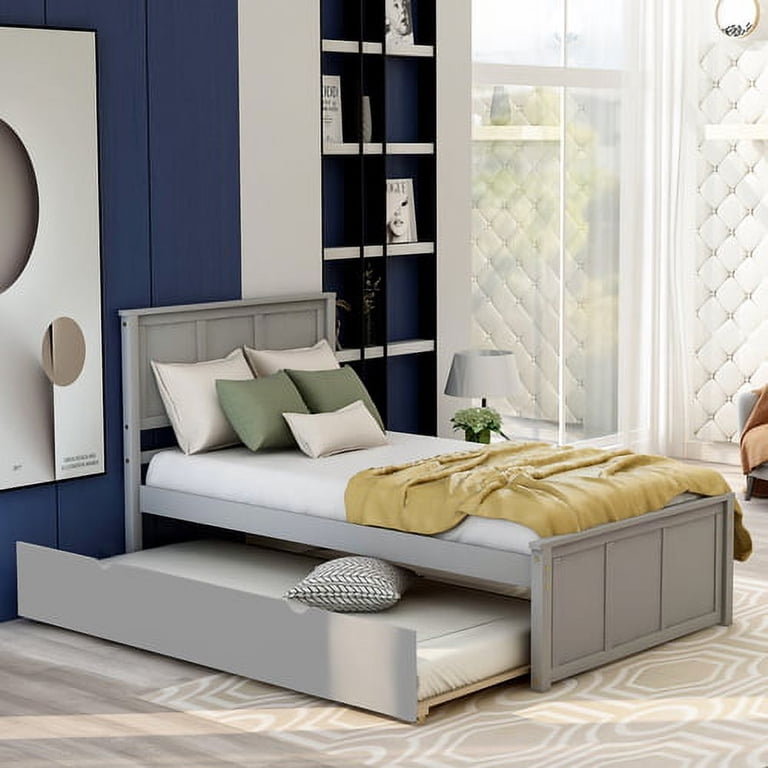 Twin Size Platform Bed Frame with Trundle, Save Space, Kids/Teens