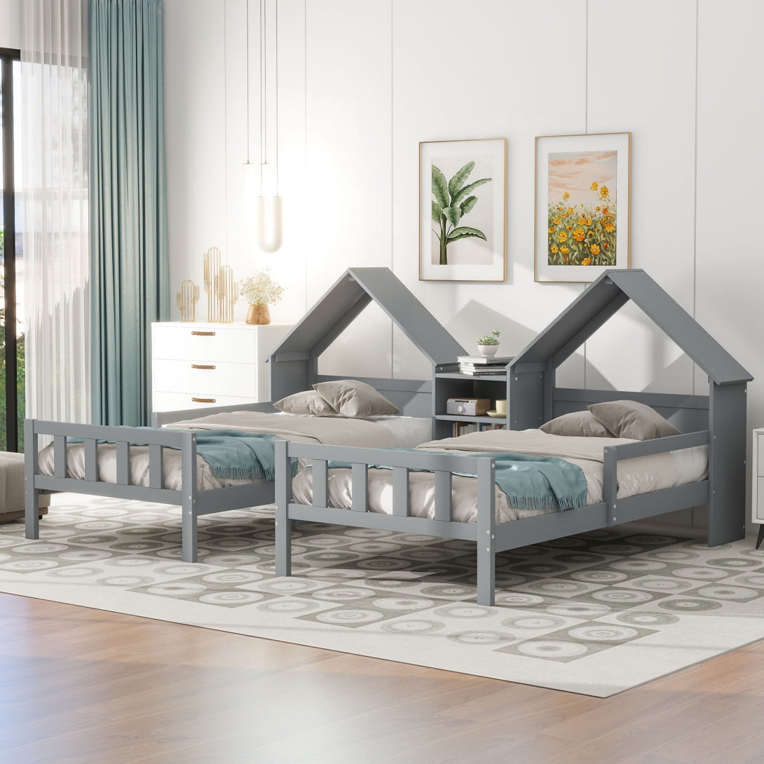 Double Twin Size Platform Bed with House Headboard and Nightstand - Grey