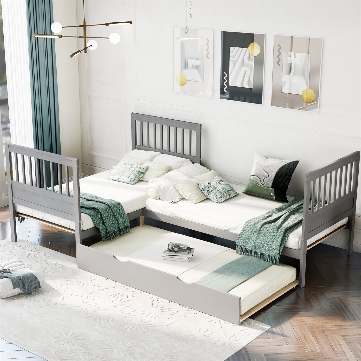 Twin Size Platform Bed, L-Shaped Corner Platform Bed Frame with Trundle ...