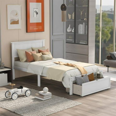 Twin Size Platform Bed with Large Storage Drawers, Wood Bed Frame with Headboard & Under-Bed Space & Six Support Legs, Platform Bed with Wood Slat Support, No Box Spring Needed, White