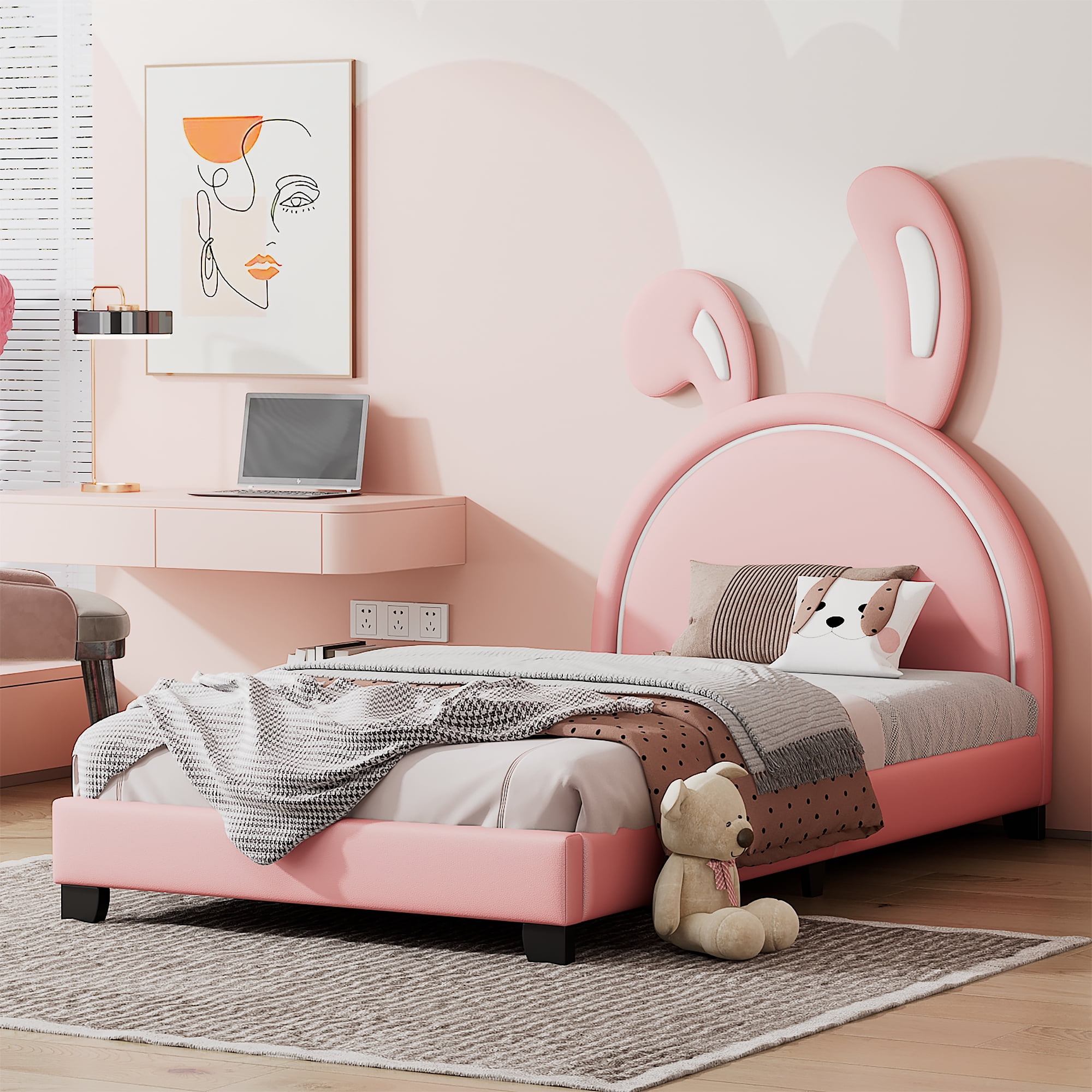 Twin Size Platform Bed Leather Upholstered Platform Bed with Rabbit Ears Headboard Twin Size PU Leather Kids Platform Bed Frame with Sturdy Slatted