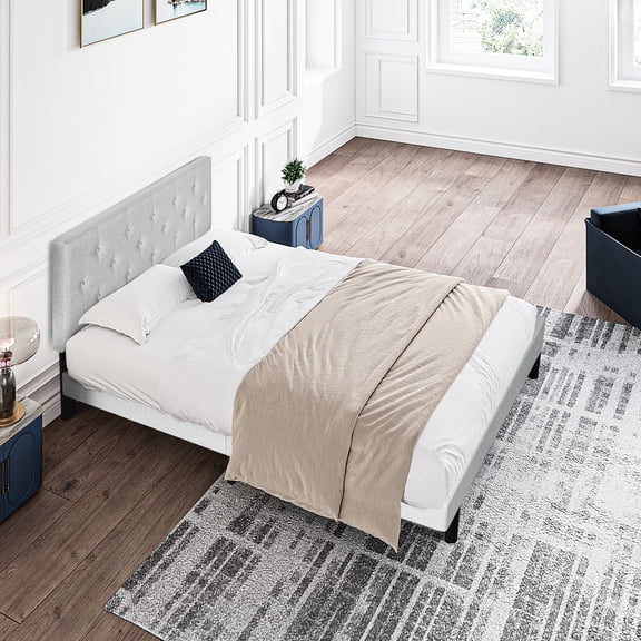 Twin Size Platform Bed With Modern Linen Headboard, Button Tufting, No Box Spring Needed, Wood Slat Backbone, Easy Assembly, Grey, Fits All Mattress Forms, 300 Lbs Weight Ceiling Contemporary
