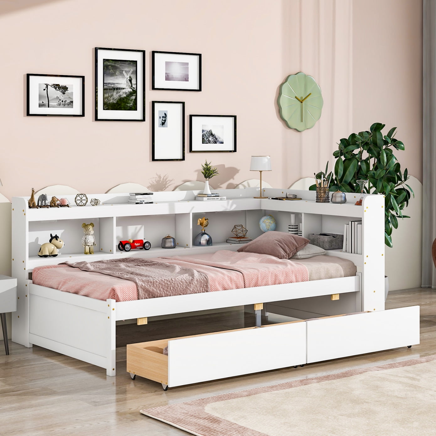 Twin Size Platform Bed with L-shaped Bookcases and Drawers Twin Size Platform Bed with L-shaped Bookcases and Drawers