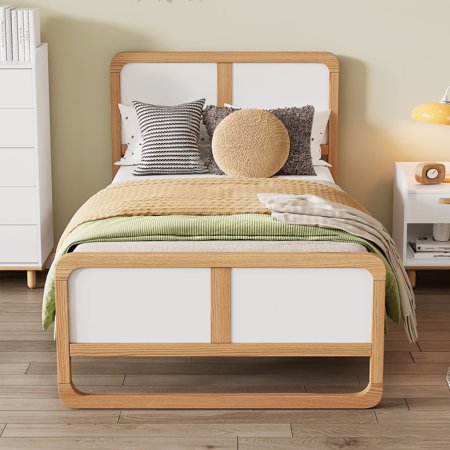 Twin Size Platform Bed, Modern Solid Wood Twin Bed Frame with Headboard and Footboard, No Need Box Spring, Walnut and White