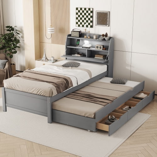 Twin Size Platform Bed Modern Wooden with LED Lights Storage Headboard Trundle and Drawers for Small Space Bedroom, Gray