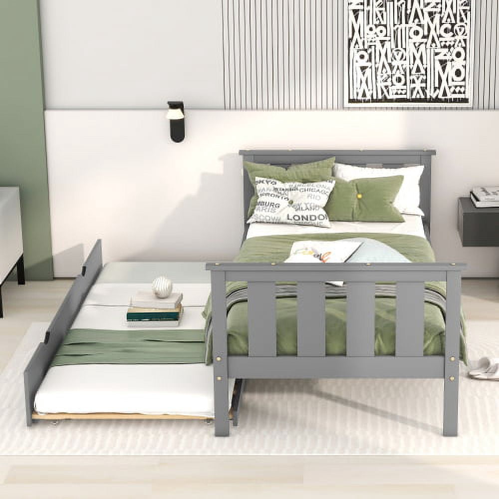 Twin Size Platform Bed with Pull out Trundle Bed,Solid Pinewood Bed ...
