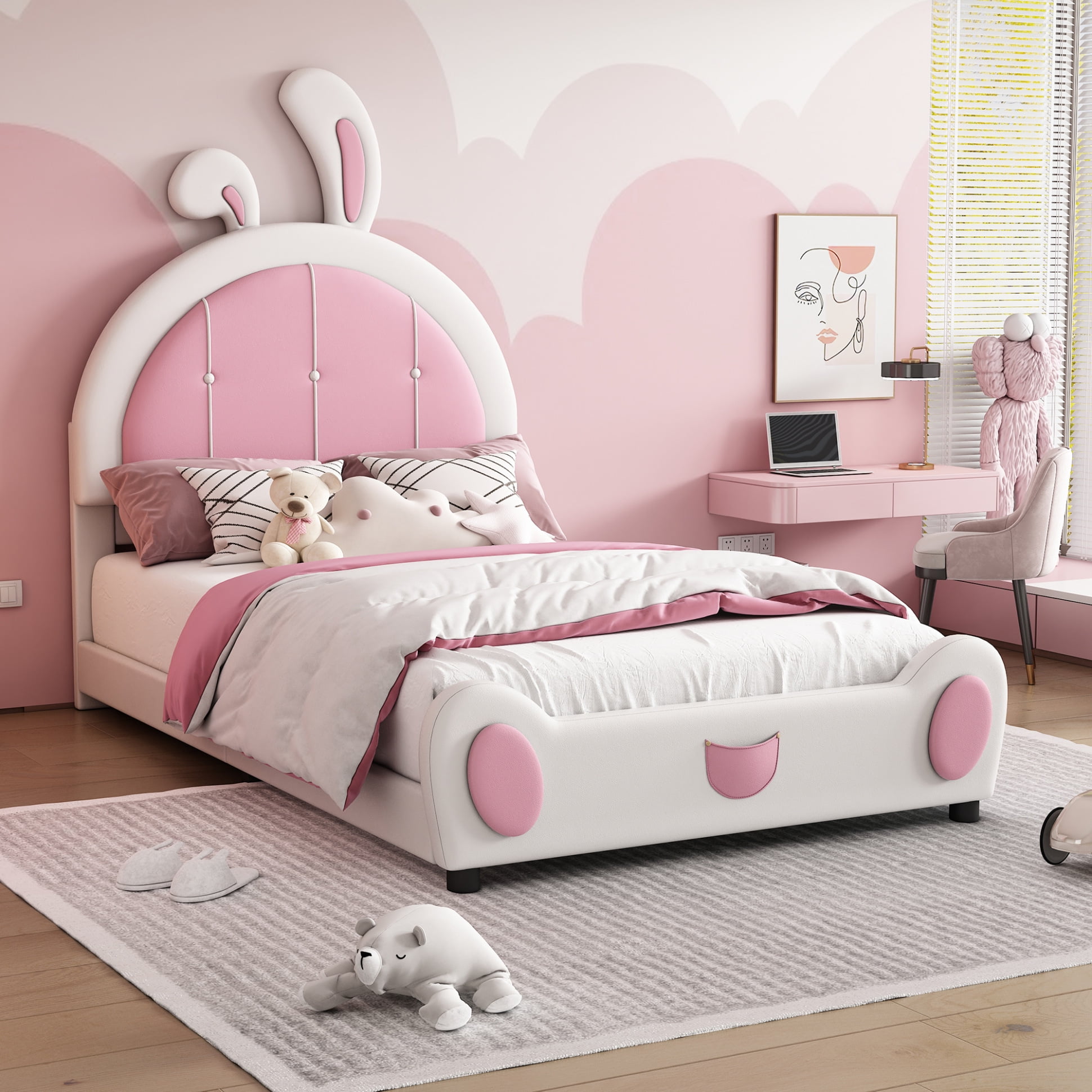 Twin Size Platform Bed with Rabbit Shaped Headboard, Wooden