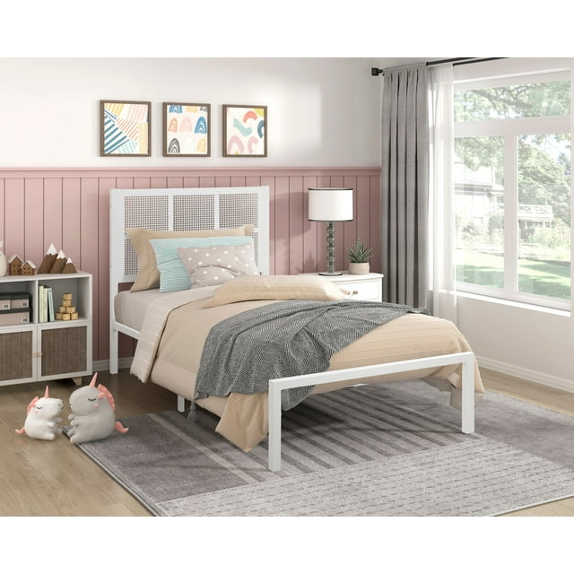 Twin Size Platform Bed,Rattan Bed Frame with Headboard,No Box Spring Needed, White