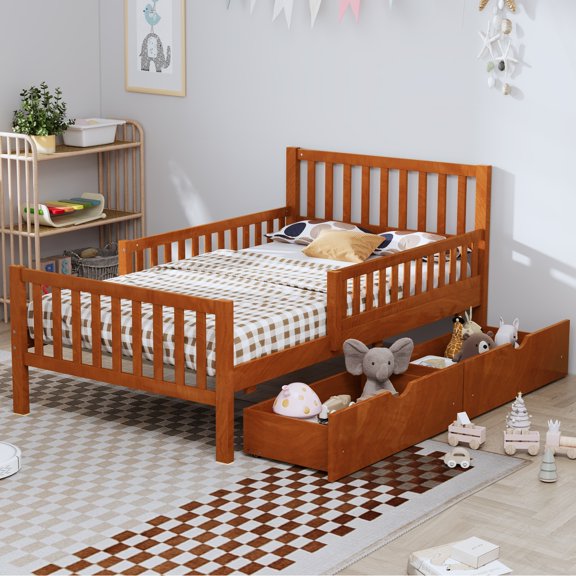 Twin Size Platform Bed with Short Fence and Drawers for Storage, Wood Bed Frame with Headboard for Small Space, Wood Slats and No Box Spring Needed, Walnut