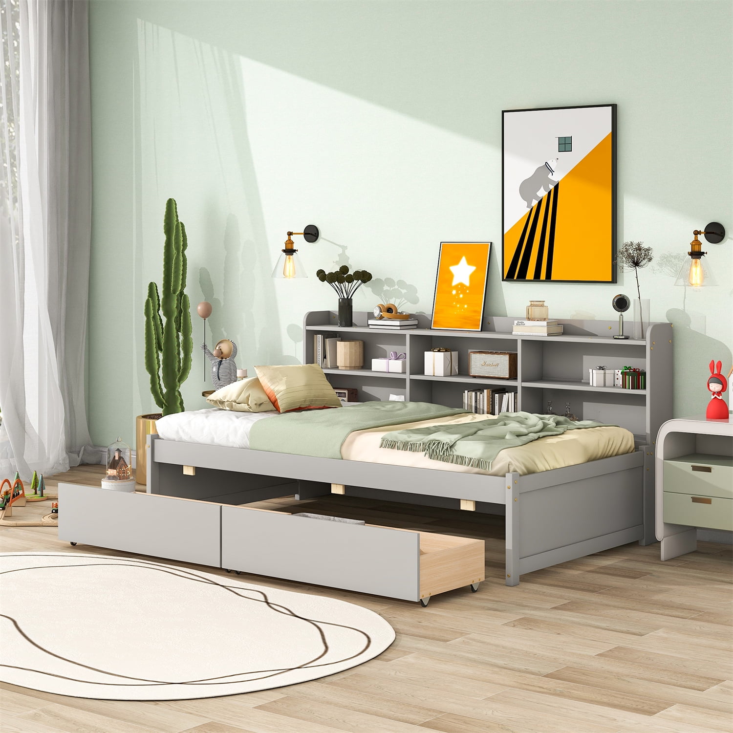 Twin Size Platform Bed with Side Bookcases and Drawers Solid Wood