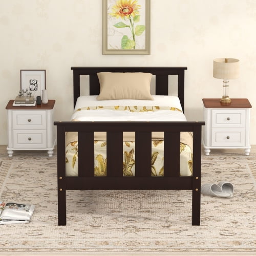 Twin Size Platform Bed Solid Wood Bed Frame with Headboard and
