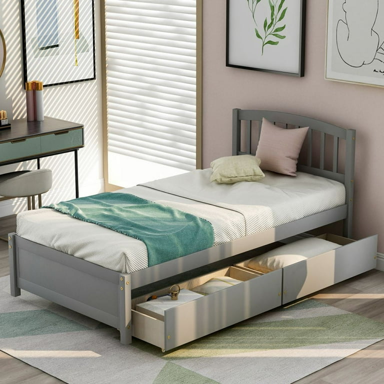 Twin Size Platform Bed Storage Bed Wood Bed Frame with 2 Drawers