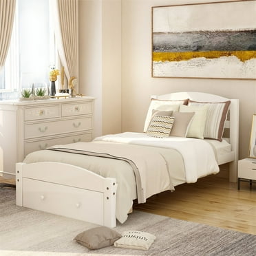 Twin Size Platform Bed with Storage Drawer,Solid Wood Bed Frame Storage Bed with Headboard and Wood Slats Support for Kids Teens Adults,Perfect for Bedroom Dorm Hotel,No Box Spring Needed, White