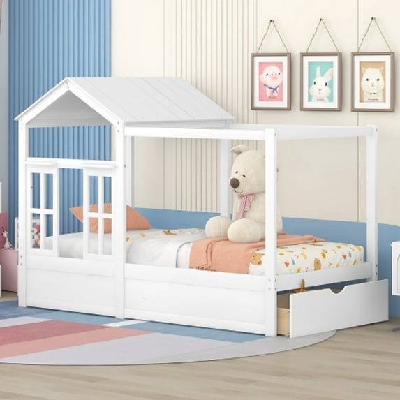 Twin Size Platform Bed with Storage Drawer,Solid Wood Bed Frame with Roof and Window,Playhouse Bed,Montessori Bed,Canopy Bed with 10 Wood Slats Support,No Box Spring Needed