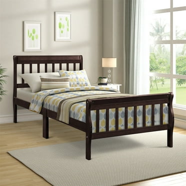 Twin Size Platform Bed with Strip Headboard and Footboard,Bed Frame with Solid Wood Slats Support and Underbed Storage,Perfect for Bedroom Dorm Guestroom,No Box Spring Needed, Espresso