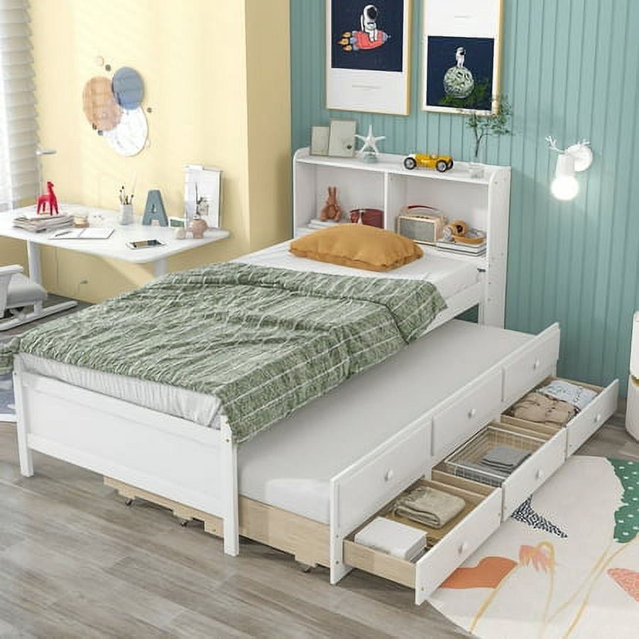 Twin Size Platform Bed with Trundle and 3 Drawers, Wood Platform Bed ...