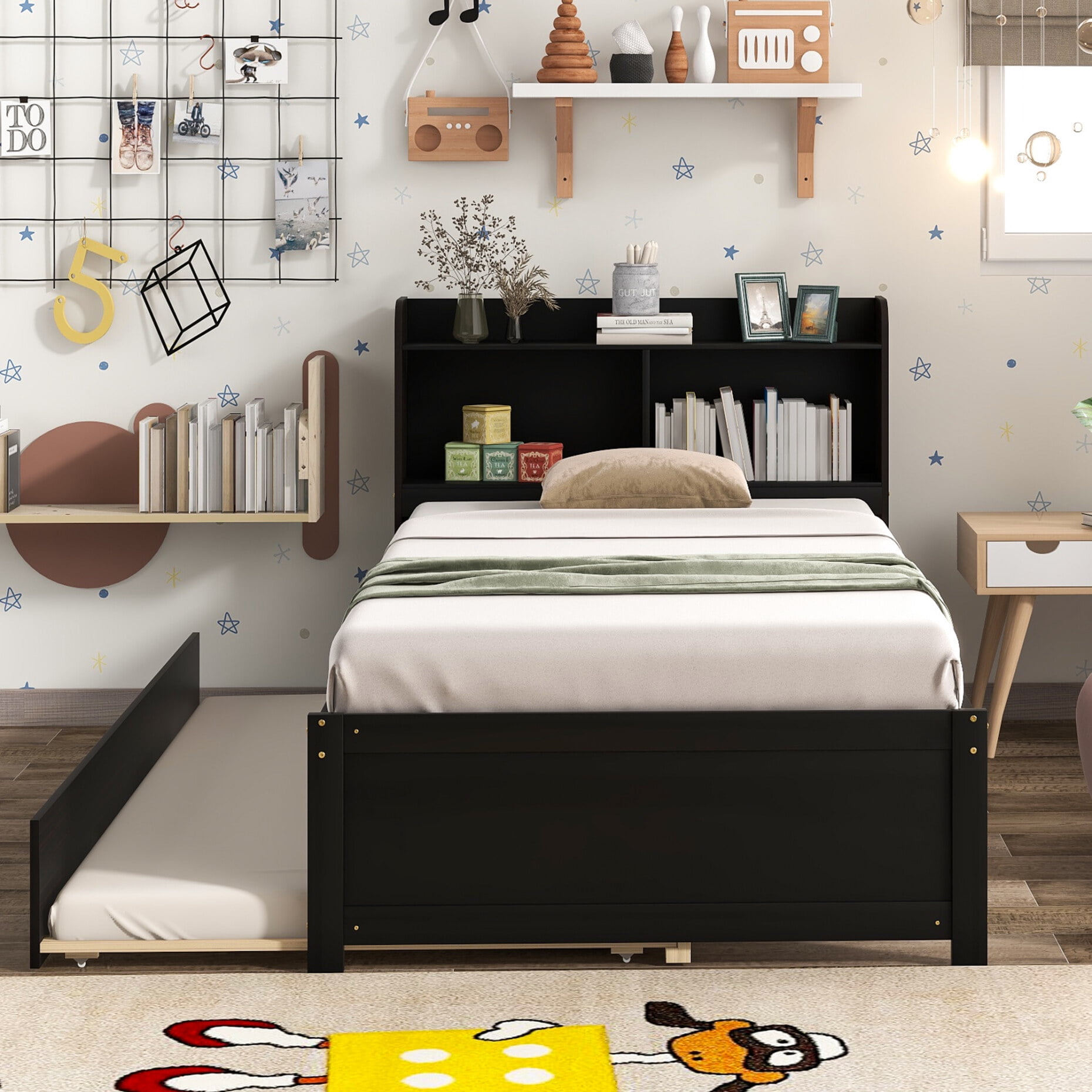 Twin Platform Bed with Trundle, Bookcase Headboard, Storage Shelves