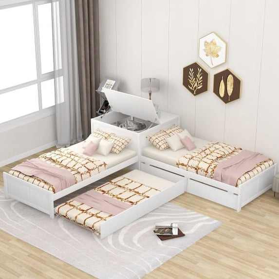 Twin Size Platform Bed with Trundle and Drawers, L-Shaped Corner Bed Frame for Kids Teens Adults, Wood Daybed with Storage Desk for 3 People, 3 Beds in One for Kids Teens Bedroom Furniture Gray
