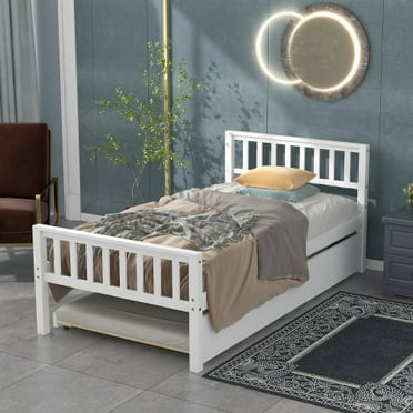 Twin Size Platform Bed with Trundle, Platform Bed Frame with Headboard and Footboard, Solid Wood Bed Frame for Bedroom Small Living Space,No Box Spring Needed,White