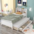 thumbnail image 1 of Twin Size Platform Bed with Twin Trundle, Wood Bed Frame with Headboard Bookcase and 3 Storage Drawers, Storage Platform Bed with Slat Support for Teens Girls Boys, No Box Spring Needed, White, 1 of 8