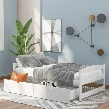 Twin Size Platform Bed with Two Storage Drawers, MDF Platform Bed Frame with Pine Wood Slats Support, Multifunctional Leisure Bed with Headboard and Footboard for Bedroom, Apartment, Dormitory, White
