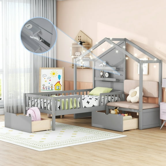 Twin Size Platform Bed with Upholstered Sofa, Solid Wood Daybed with Charging Station, Wireless Charging, Shelves and Two Drawers for Teen Boys Girls, Wood Slat Support