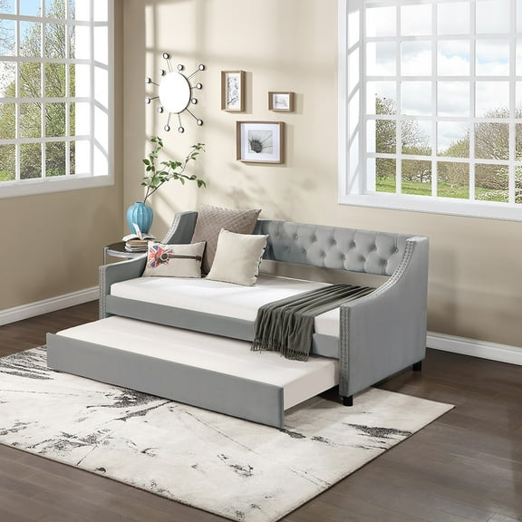 Twin Size Platform Bed With Plush Buttons, Casters Upholstered Tufted Platform Bed Frame For Bedroom, Office, No Box Spring Required 78.9x39.6x36.6in