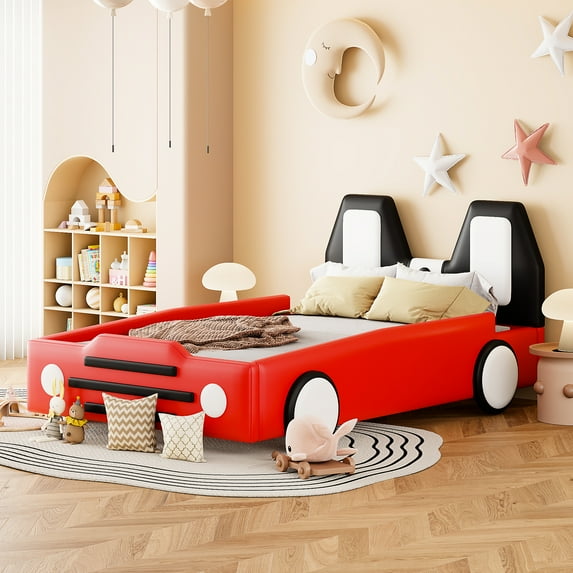 Twin Size Platform Bed With Race Car Feature And Wheels - Red, Strong Reliable Construction Appearance Red