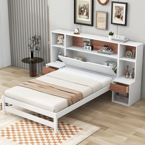 Twin Size Platform Bed With Storage Headboard And Drawers, White