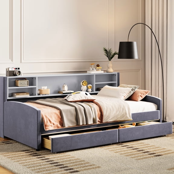 Twin Size Platform Bed With Velvet Cover And Storage - Gray Upholstered Drawer Soft Velvet, Convenient,