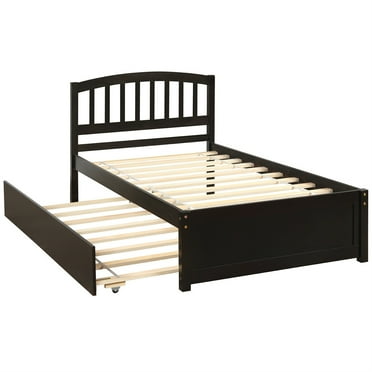 Twin Size Platform Bed, Wood Bed Frame with Trundle & 10 Slats, Platform Sofa Bed Frame with Pull Out Trundle for Adults Kids, Space Saving Furniture for Bedroom Living Room, Espresso
