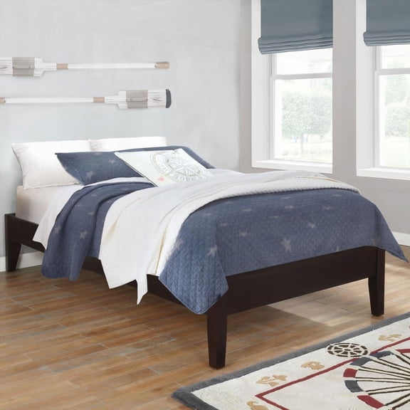 Queen Size Pine Platform Bed with Low-Profile Rails and Tapered Legs in Cappuccino Color for Bedroom