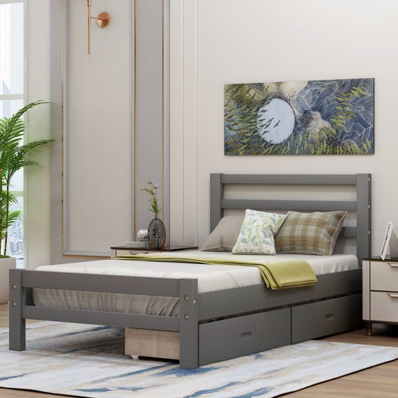 Twin Size Platform Bed with 2 Stoarge Drawers, No Box Spring Needed, Twin Size Bed Frame with Headboard (Gray)