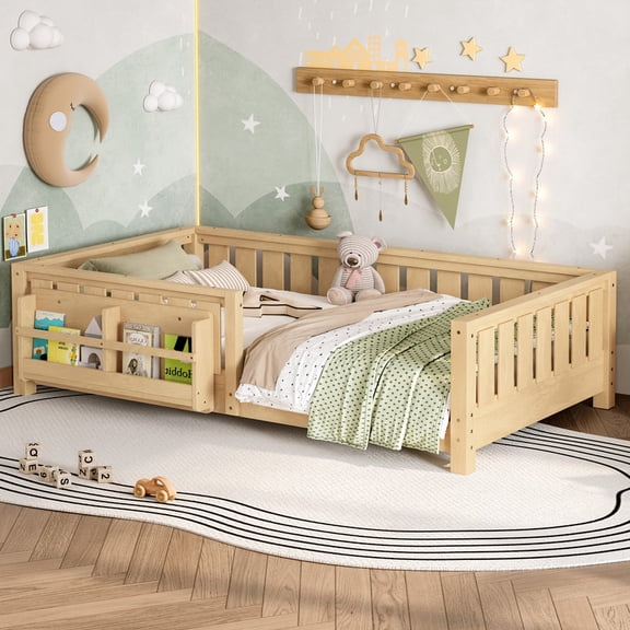 Twin Size Platform Bed with Built-in Bookshelf, Wooden Twin Floor Bed with Guardrail, Low-Profile Bed Queen, Light Natural