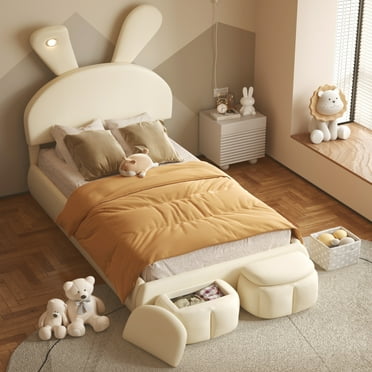 Twin Size Platform Bed with Footboard Storage, Cartoon Ears Shaped Headboard with LED, Beige