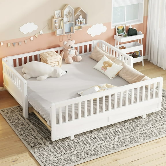 Twin Size Platform Bed with Guardrails, Solid Wood Twin Bed Frame, Can Be Converted into a Double Twin Platform Bed,White