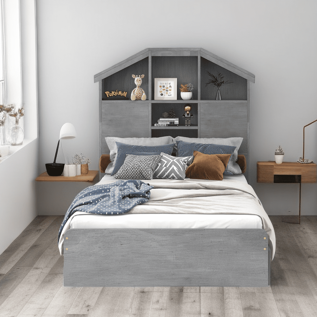 Twin Size Wood Platform Bed with House-shaped Headboard, LED and Built-in Storage, Natural