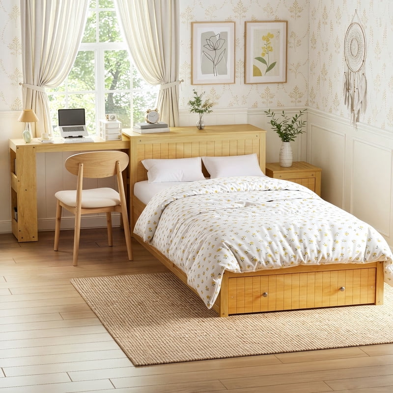 Twin Size Platform Bed with Pull-Out Hidden Desk, Wood Storage Bed Frame with Headboard Shelving & Footboard Drawer